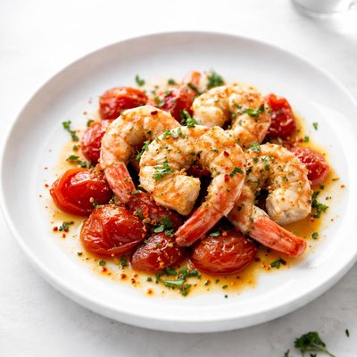 Image of Garlic Prawns with Squashed Tomatoes