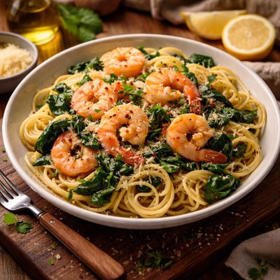 Image of Garlic Shrimp and Spinach Pasta