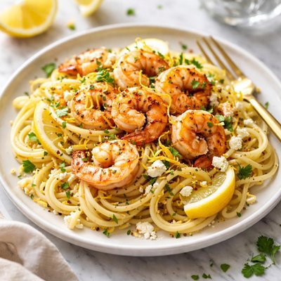 Image of Garlic Shrimp Lemon and Feta Spaghetti