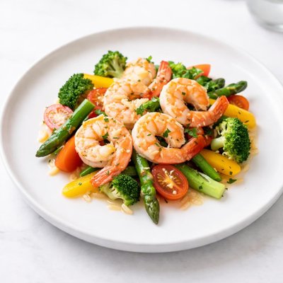 Image of Camarones al Ajillo con Verduras Variadas de la Dieta Mediterránea