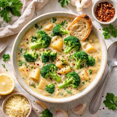 Image of Garlic Soup with Potatoes and Broccoli