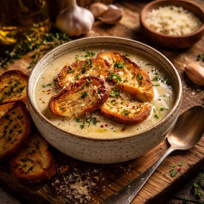 Image of Garlic Soup with Toasted Bread