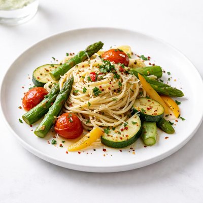 Image of Garlic Spaghetti with Pan Fried Vegetables