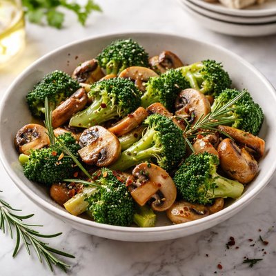 Image of Garlic Spiked Broccoli and Mushrooms with Rosemary