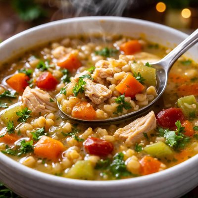 Image of Garlicky Barley Vegetable Chicken Soup for One or Two