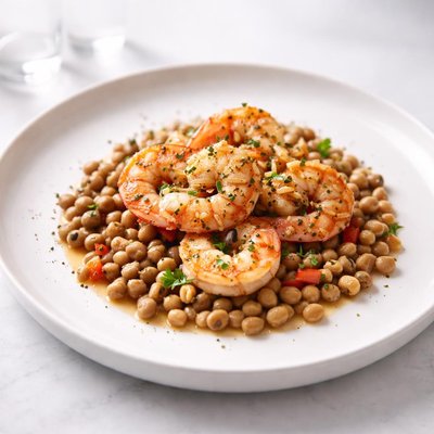 Image of Garlicky Black Pepper Shrimp and Black Eyed Peas