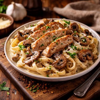 Image of Garlicky Chicken and Mushroom Alfredo