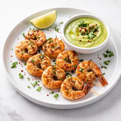 Image of Garlicky Grilled Shrimp with Spicy Avocado Dipping Sauce