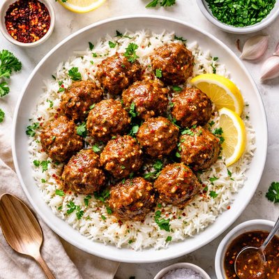 Image of Garlicky Meatballs Over Rice