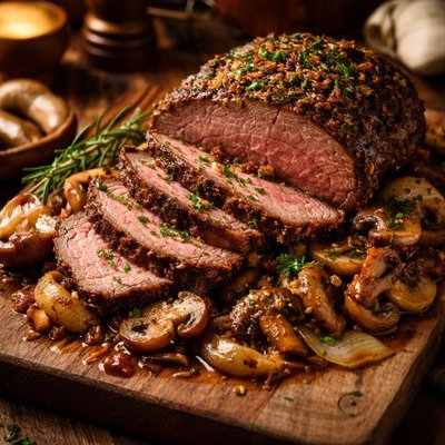 Image of Garlicky Roast Beef with Mushrooms and Onions