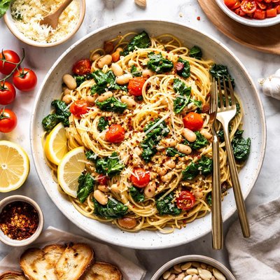 Image of Garlicky Spaghetti with Beans Greens
