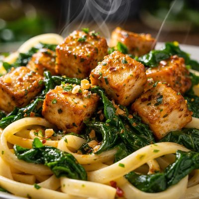 Image of Garlicky Tofu with Spinach Over Pasta