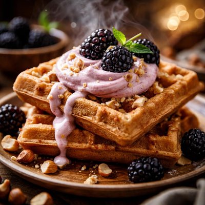 Image of German Hazelnut Waffles with Blackberry Cream