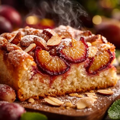 Image of German Plum Coffee Cake with Almonds Pflaumenkuchen