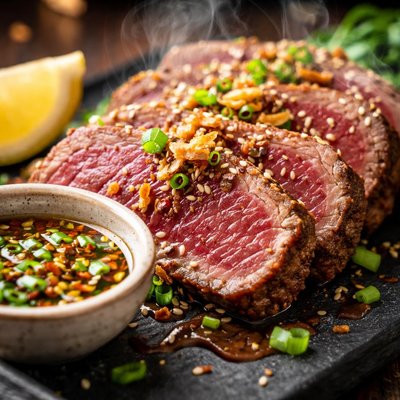 Image of Ginger Beef Tataki with Lemon Soy Dipping Sauce