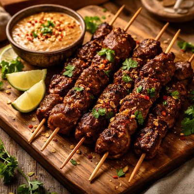 Image of Ginger Marinated Beef Skewers with Spicy Peanut Dipping Sauce