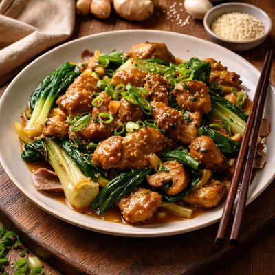Image of Ginger Sesame Chicken with Bok Choy Onion and Mushrooms