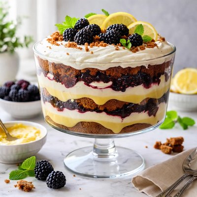 Image of Gingerbread Lemon Curd Trifle W Blackberry Sauce