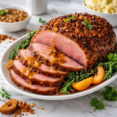 Image of Gingersnap Crusted Ham with Apricot Mustard Sauce