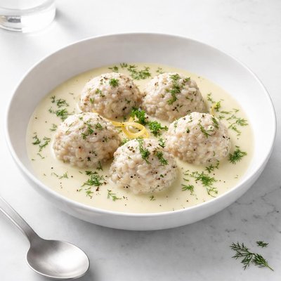 Image of Giouvarlakia Avgolemono Rice Meatballs in Egg Lemon Sauce