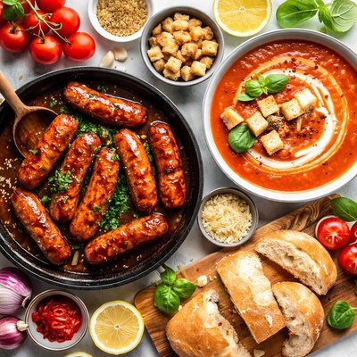 Image of Glazed Sausages with Tomato Soup