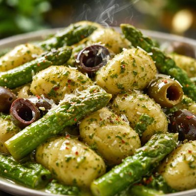 Image of Gnocchi with Asparagus Olives in a Creamy Pesto Sauce