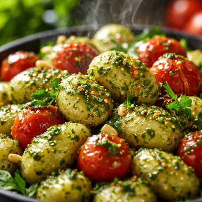Image of Gnocchi with Parsley Olive Pesto and Cherry Tomatoes
