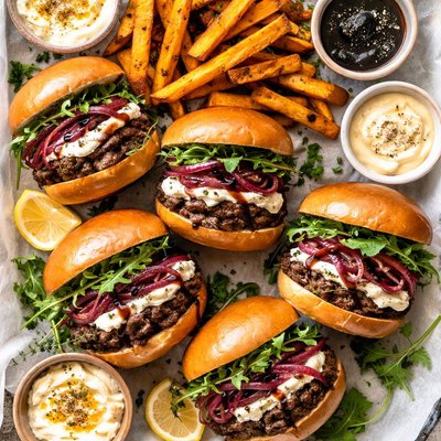 Image of Goat Cheese and Red Onion Sliders with Savory Sweet Potato Fries