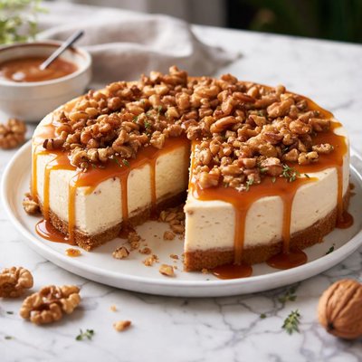 Image of Goat Cheese Cheesecake W Caramel Sauce English Walnuts