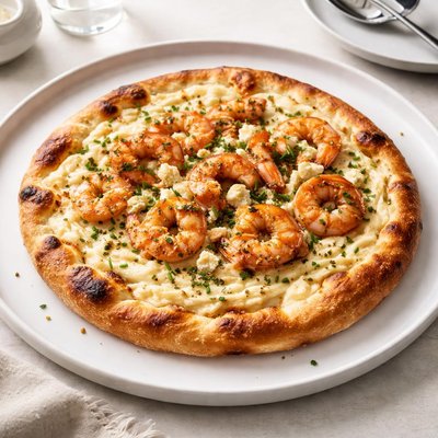 Image of Goat Cheese Mashed Potato Pizza with Savory Shrimp Topping
