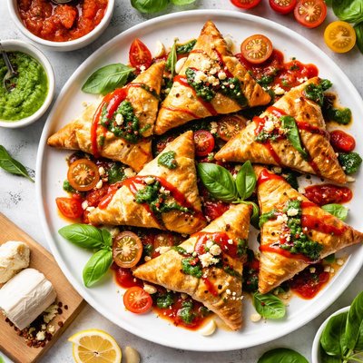 Image of Goat Cheese Turnovers with Tomato Coulis and Basil Puree