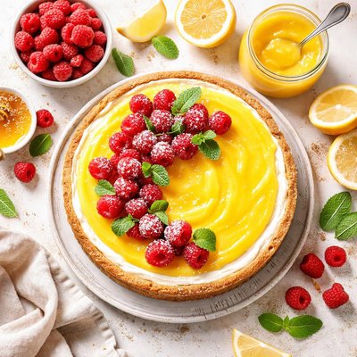 Image of Goat Cheesecake with Lemon Curd and Raspberries by Bird