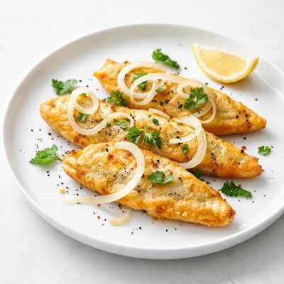 Image of Golden Fried Flounder Fillets with Onion