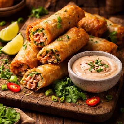 Image of Golden Fried Salmon Spring Rolls with Lime Chili Mayo Sauce