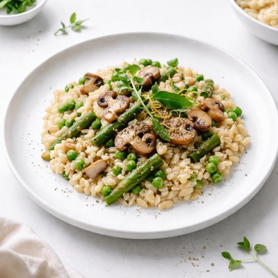 Image of Golden Mushroom Pea and Asparagus Risotto Vegan