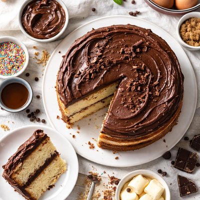 Image of Golden Vanilla Layer Cake with Chocolate Fudge Frosting