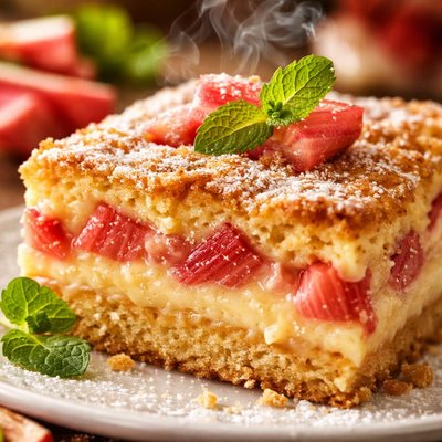 Image of Good Ol Summertime Rhubarb Custard Dessert with Cookie Crust