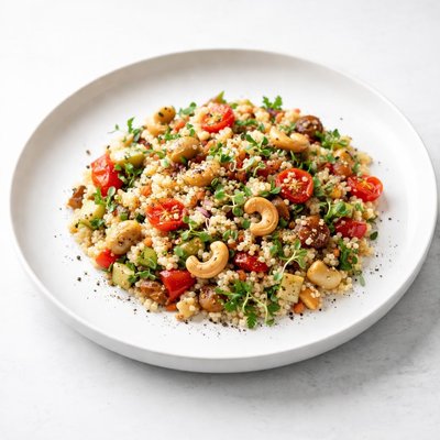 Image of Gourmet Pearl Couscous Salad with Vegetables and Cashew Nuts and