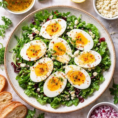 Image of Greek Boiled Eggs with Lemon Oil Sauce Over Greens