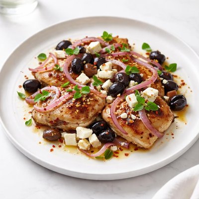 Image of Greek Chicken with Onions Oregano Olives and Feta
