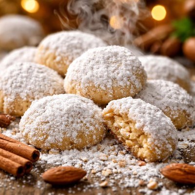 Image of Greek Cookies with Confectioners Sugar Kourabiedes