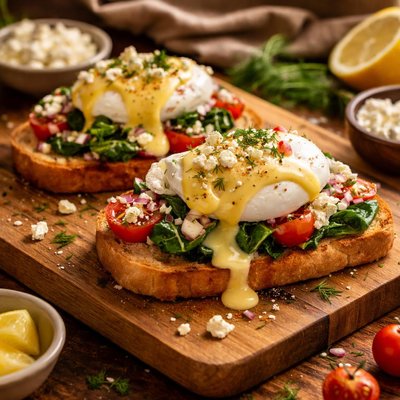 Image of Greek Eggs Benedict Open Faced Egg Sandwich