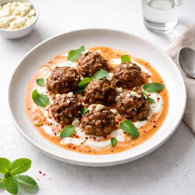 Image of Greek Meatballs in Tomato Yogurt Mint Sauce