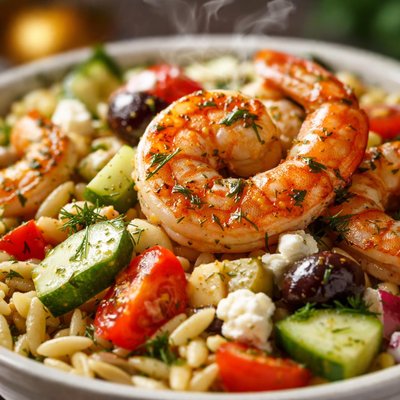 Image of Greek Orzo and Grilled Shrimp Salad with Mustard Dill Vinaigrett