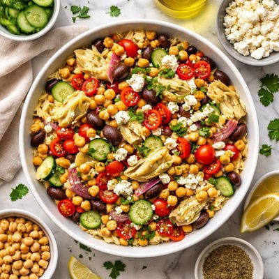 Image of Greek Orzo Salad with Chickpeas Artichoke Hearts
