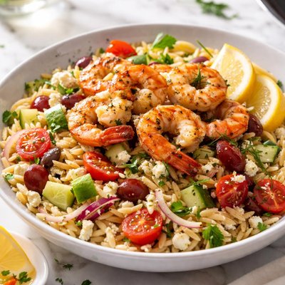 Image of Greek Orzo Salad with Grilled Shrimp