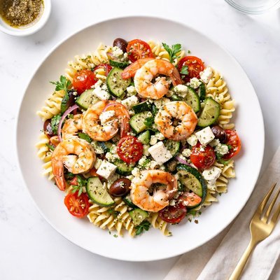 Image of Greek Pasta Salad with Shrimp Zucchini Tomatoes and Feta
