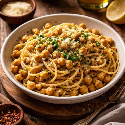 Image of Greek Pasta with Chickpeas and Garlic Lemon Sauce Makaronia Me