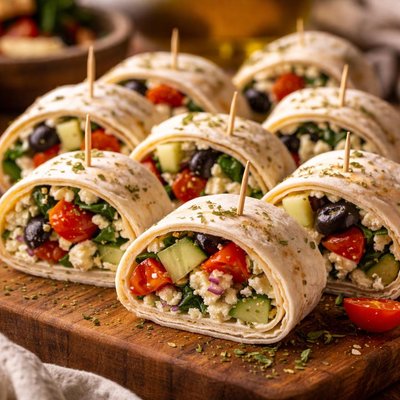 Image of Greek Salad Pinwheel Party Appetizer