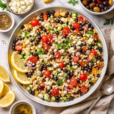 Image of Greek Salad with Orzo and Black Eyed Peas